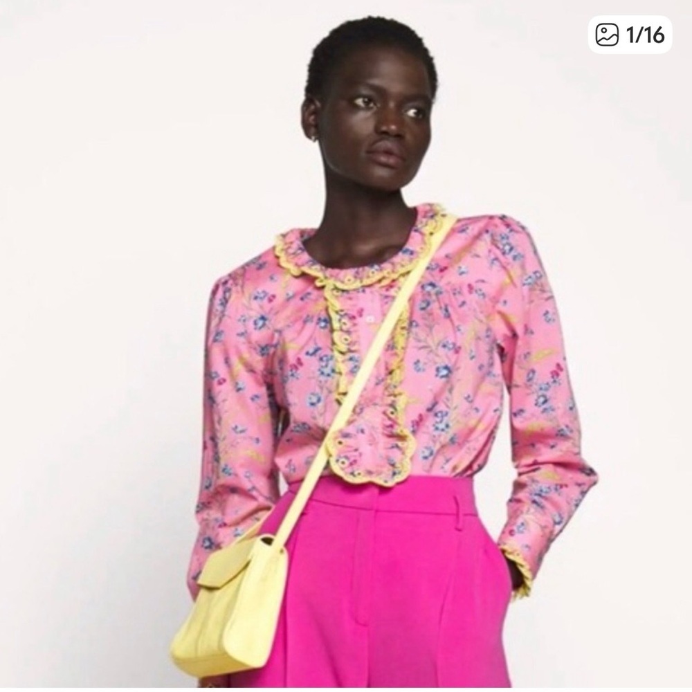 J. Crew Liberty Fabric Poplin
Ruffle Blouse Top Wheat Bouquet Floral Pink